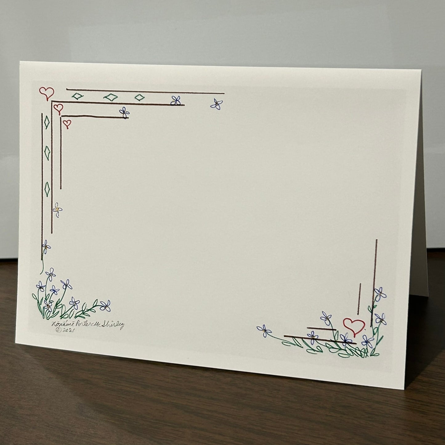 Border Design with Hearts and Bluets, 5x7 NOTECARD with Envelope