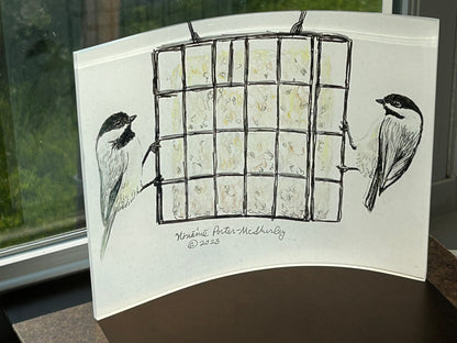 Pair of Chickadees on Suet Feeder, 8x10 CURVED Acrylic