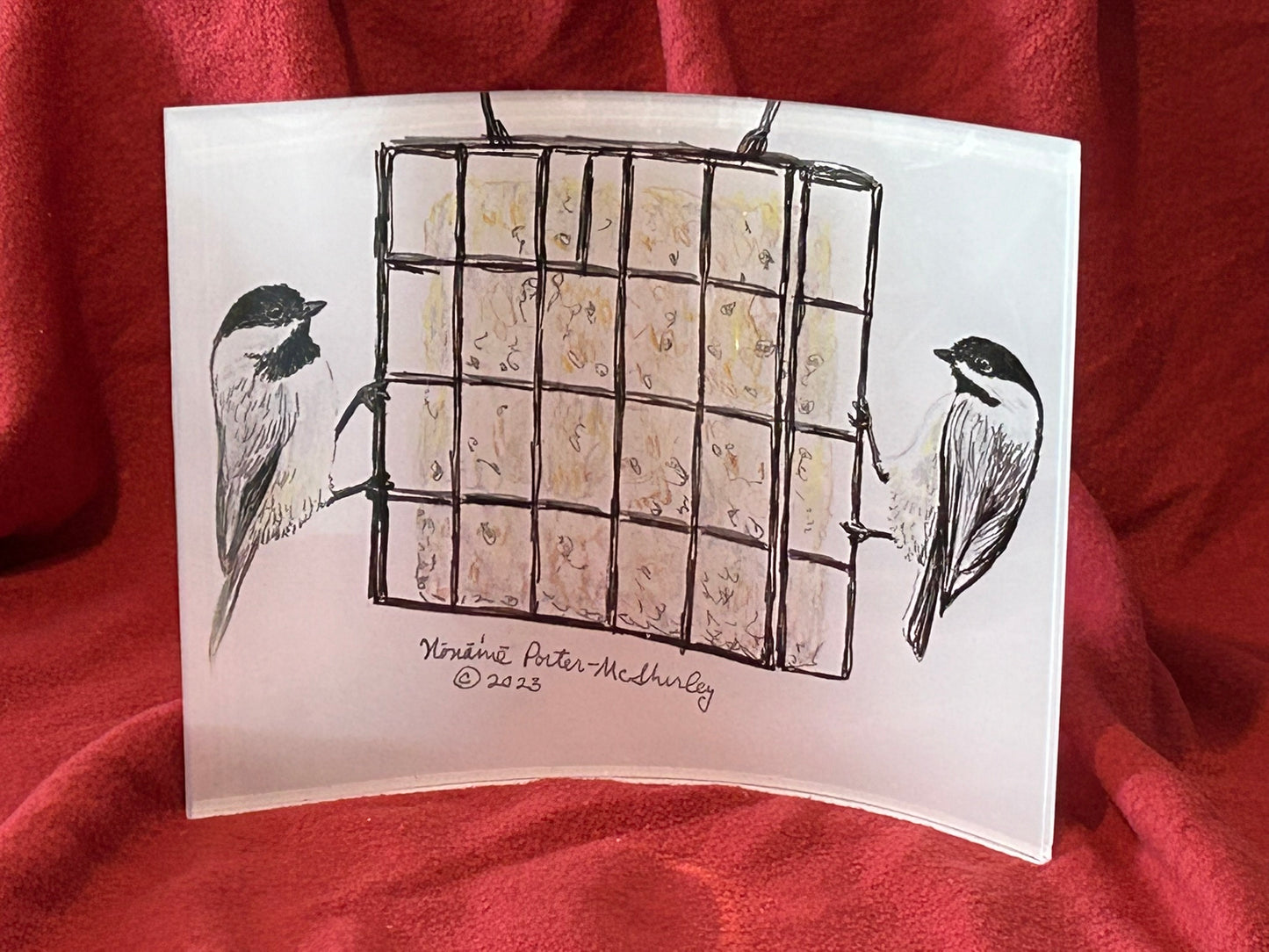 Pair of Chickadees on Suet Feeder, 8x10 CURVED Acrylic