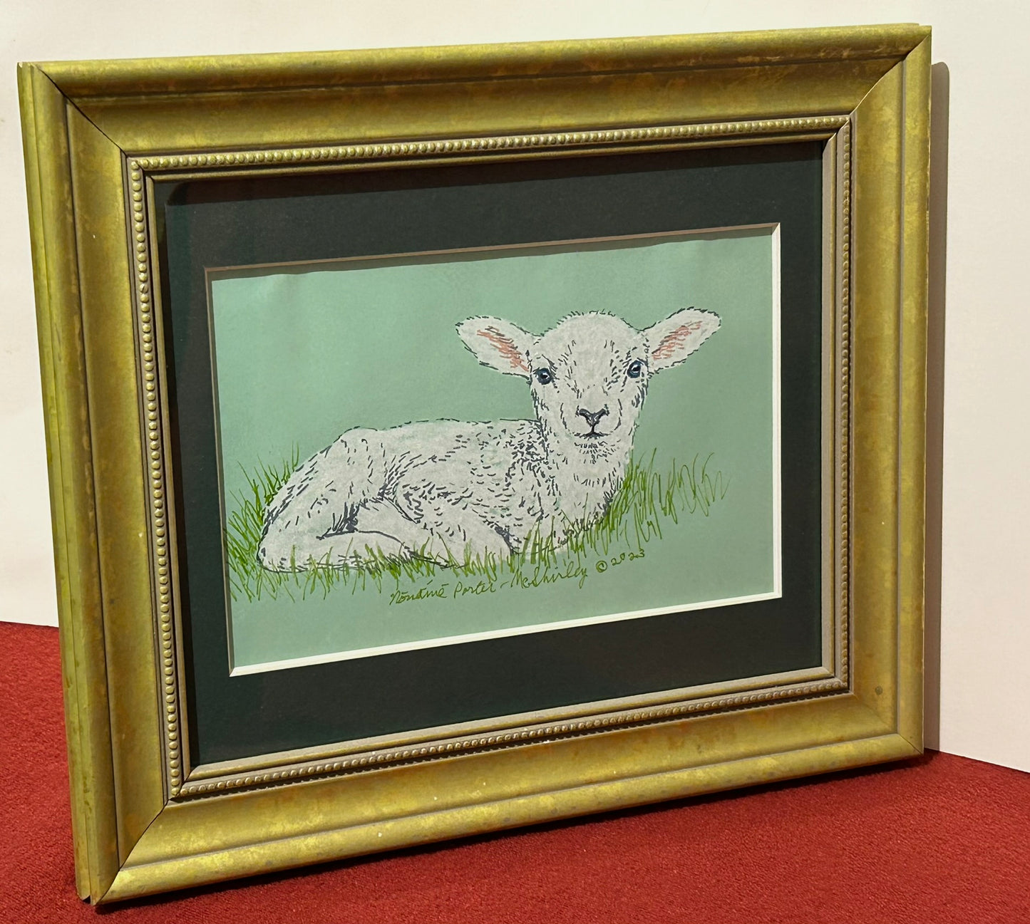 Lamb Lying in the Grass, ORIGINAL, Framed