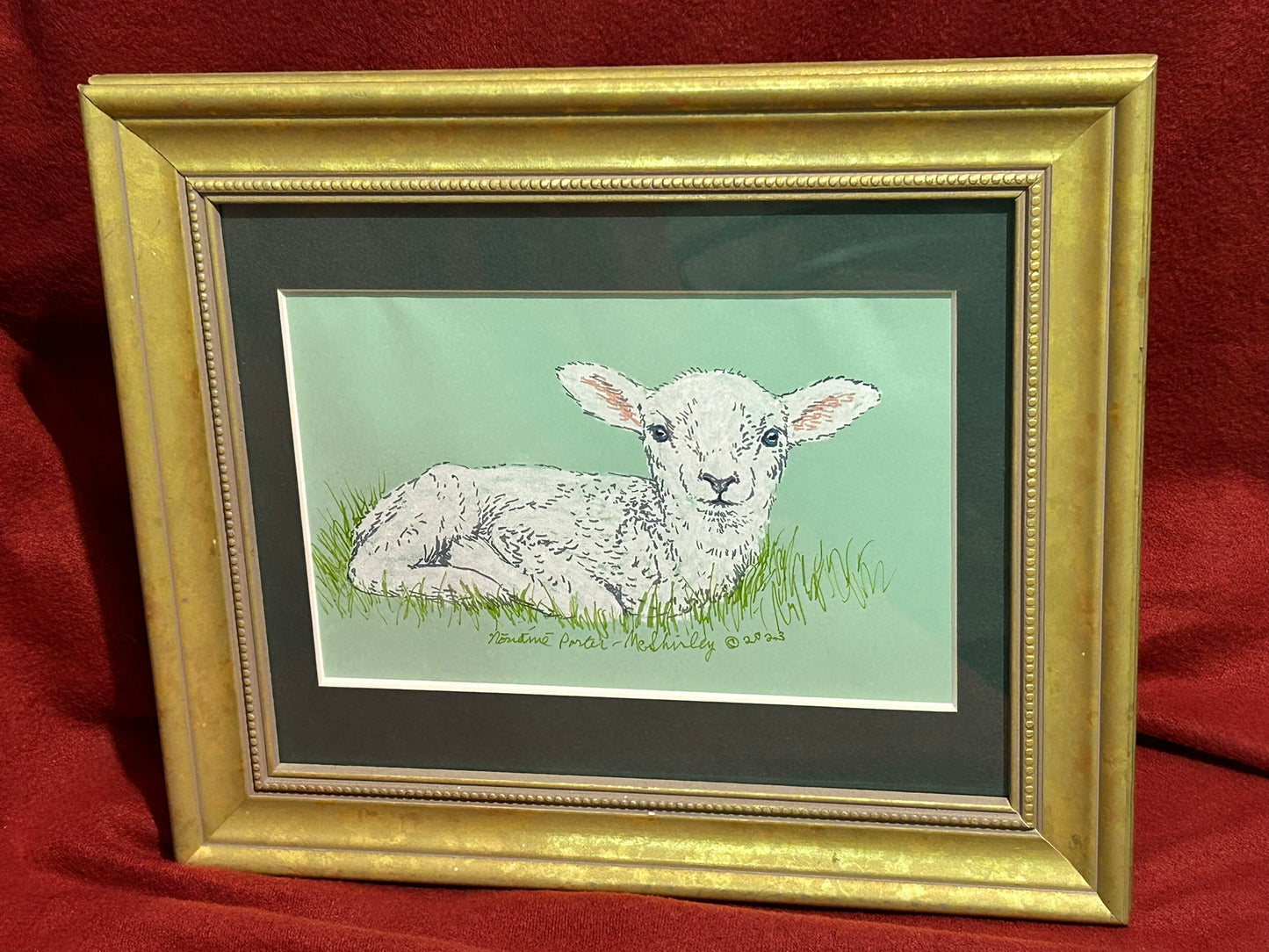 Lamb Lying in the Grass, ORIGINAL, Framed