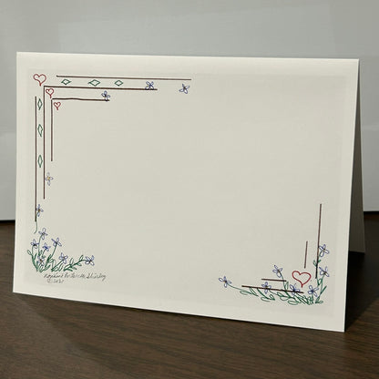 Border Design with Hearts and Bluets, 5x7 NOTECARD with Envelope
