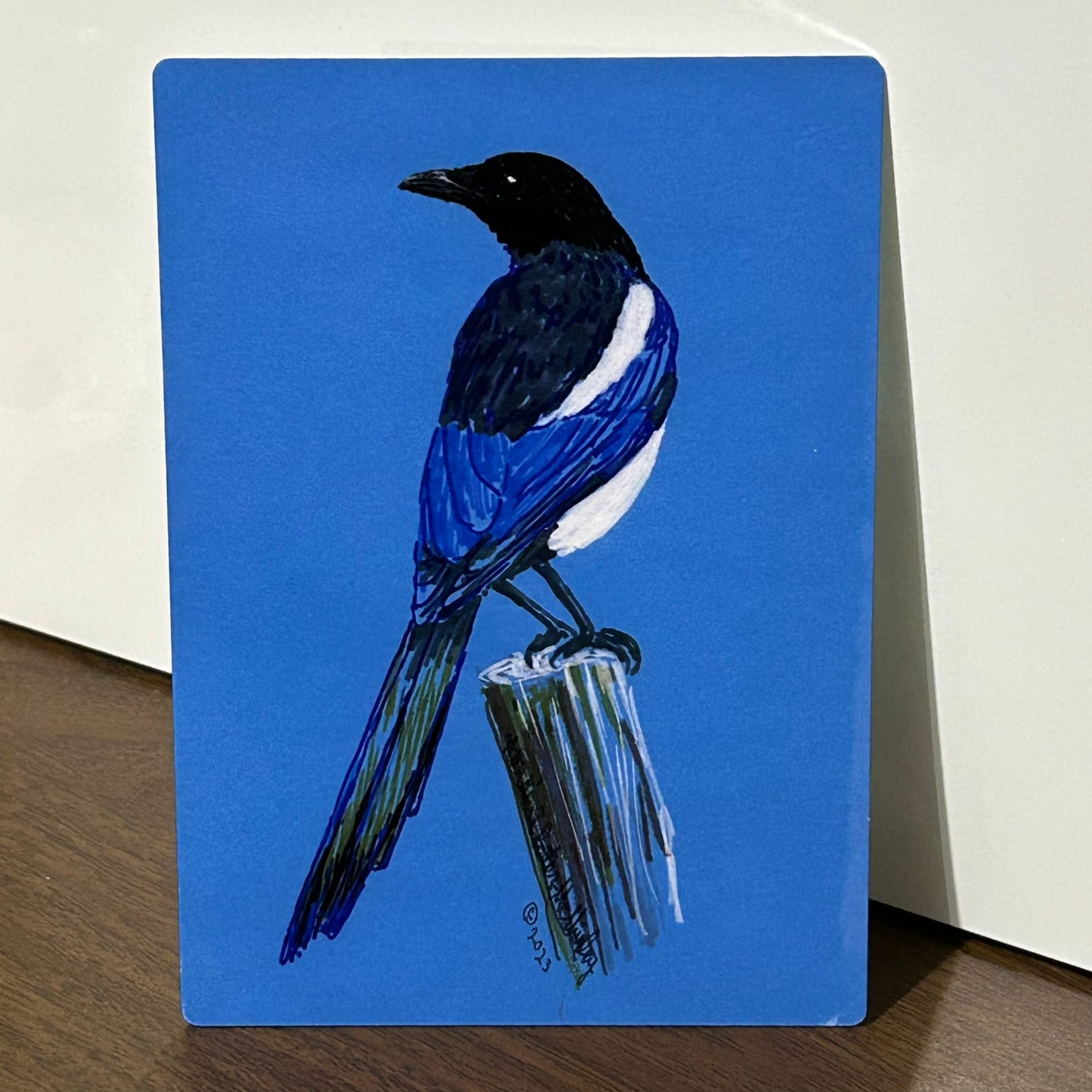 Magpie on a Fence Post, 5x7 Aluminum