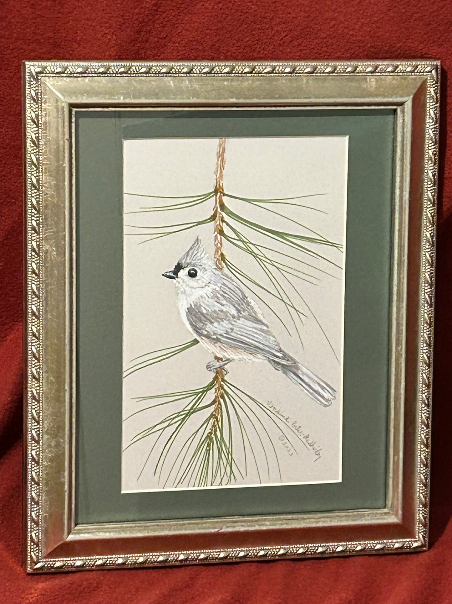 Tufted Titmouse on a Pine Branch, ORIGINAL, Framed