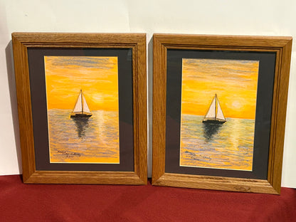 Twin Sailboats at Sunset, ORIGINAL, Framed