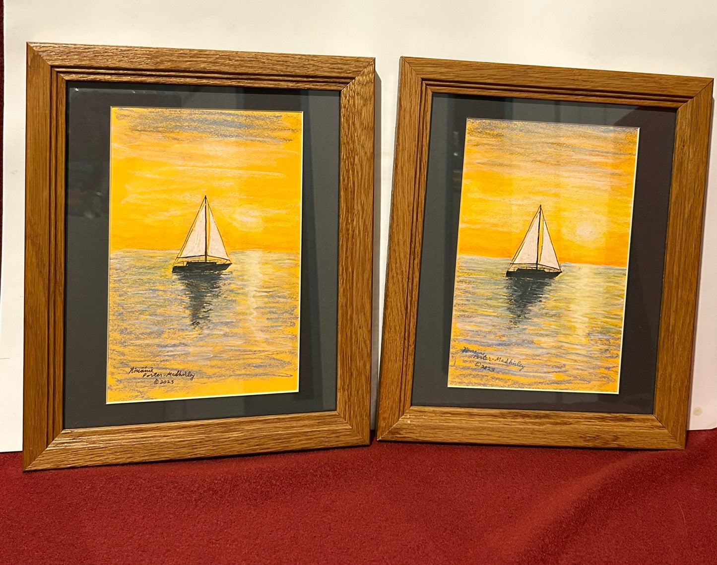 Twin Sailboats at Sunset, ORIGINAL, Framed