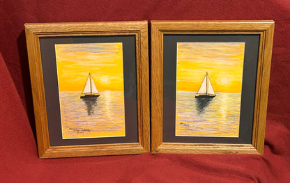 Twin Sailboats at Sunset, ORIGINAL, Framed