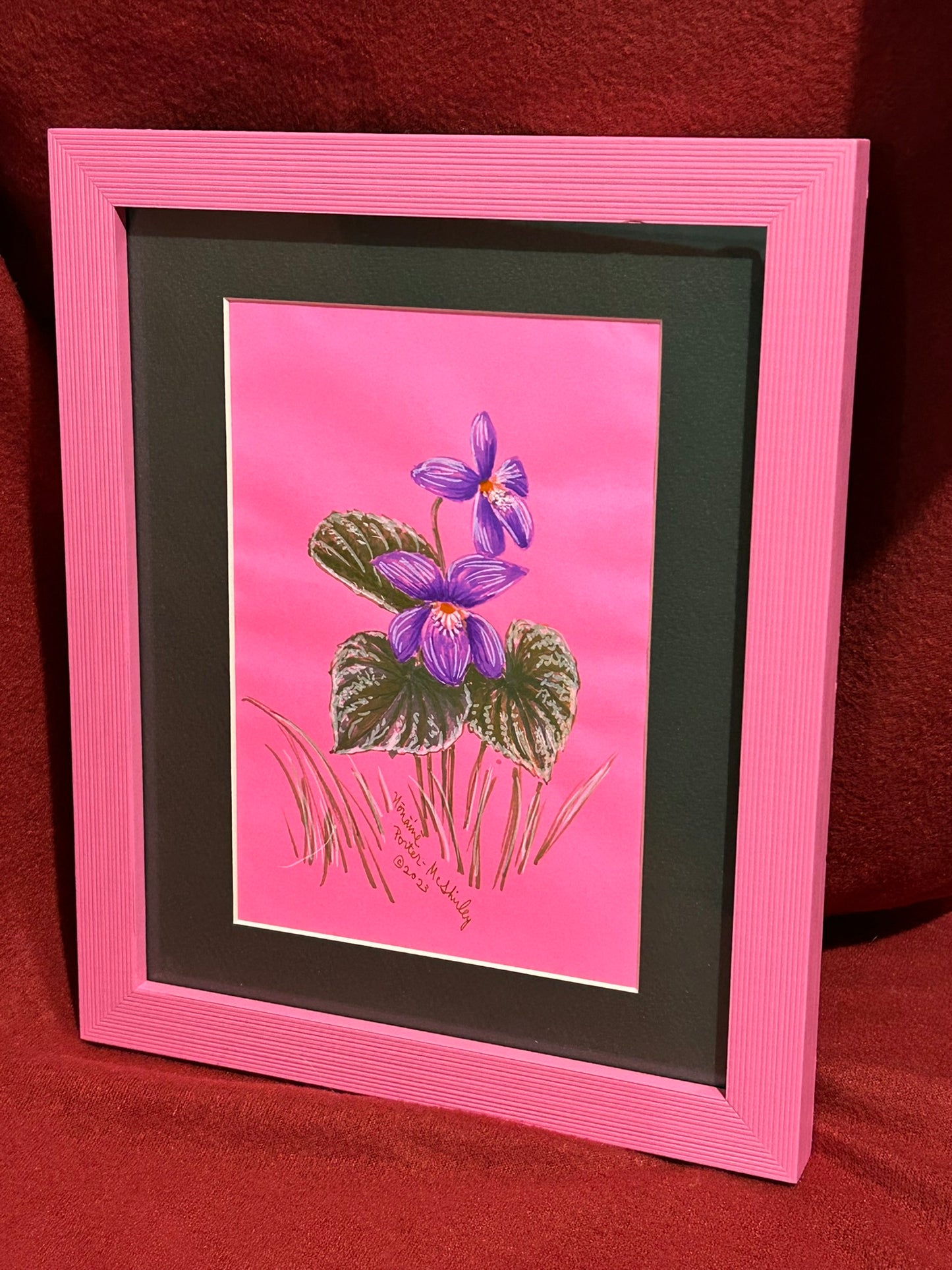 Purple Violets on Pink, ORIGINAL, Framed